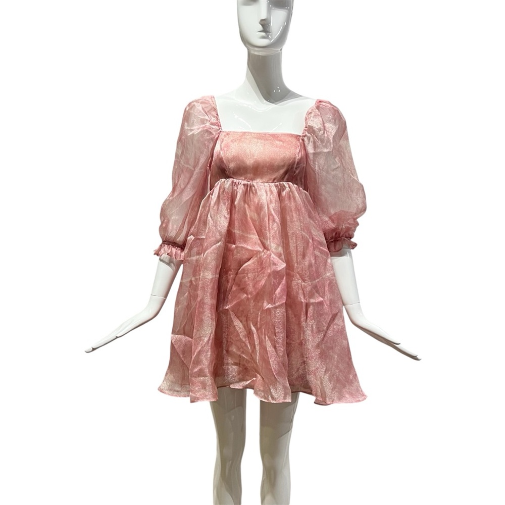STORIA Dusty Pink Mesh Baby-Doll Dress with Puff Sleeves Size Small